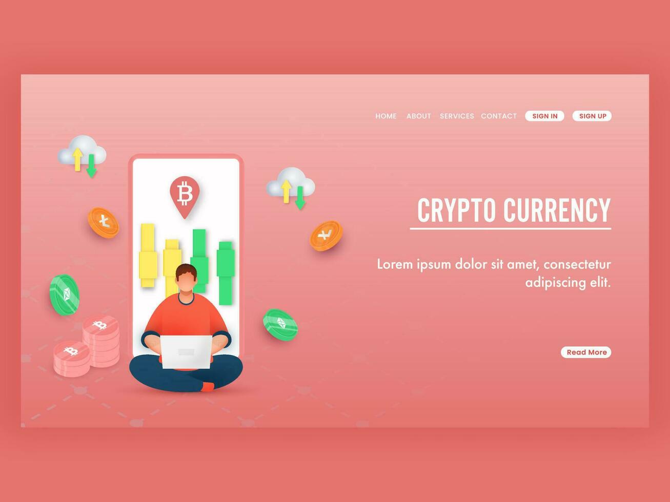 Crypto Currency Landing Page Design With Employee Working At Laptop, Slider In Smartphone Screen And Crypto Coins. vector