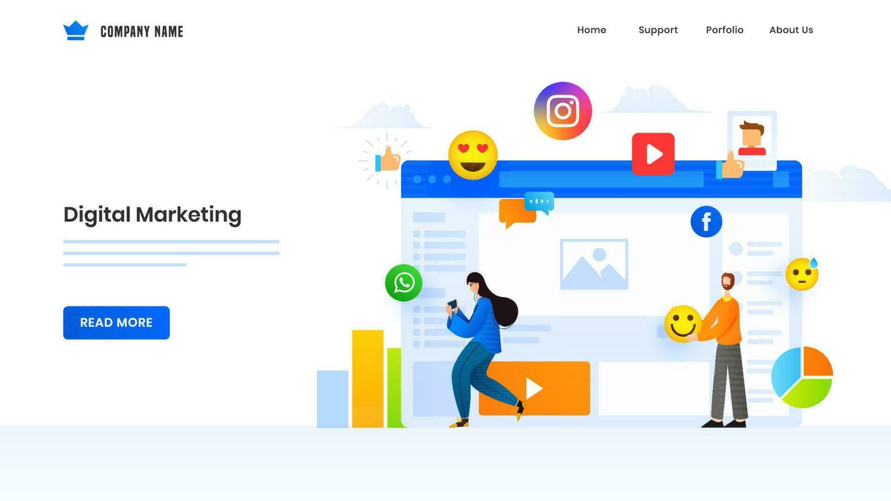 Digital Marketing concept based landing page design with man and woman using online social media elements. vector