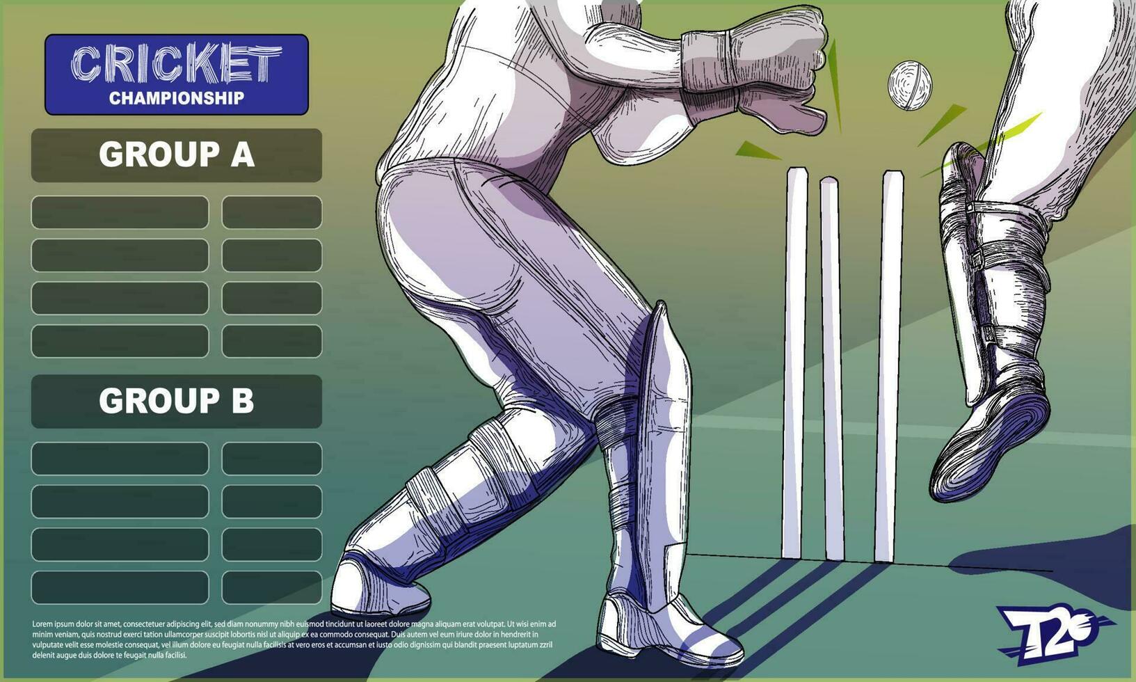 t20 Grillo campeonato grupo lista y cerca arriba de bateador jugador fuera ilustración. vector