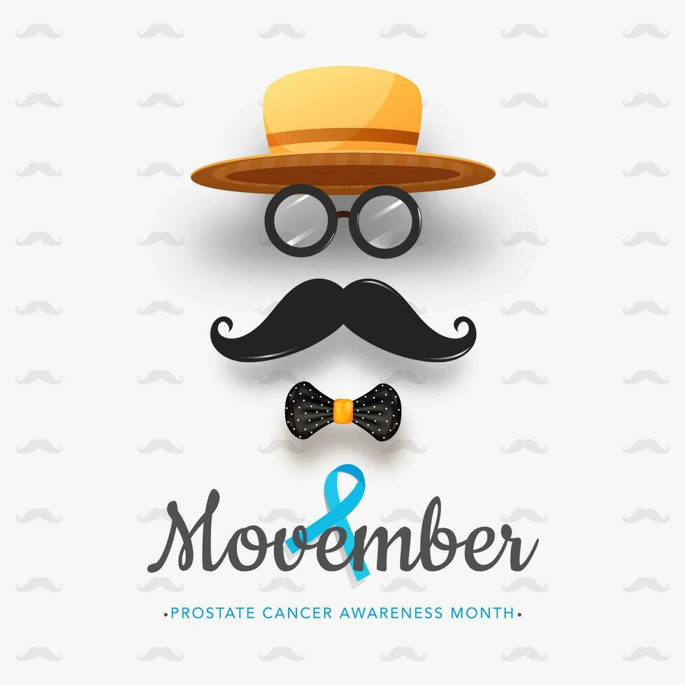 Creative man face made by fedora hat with goggles, mustache, bow tie and Prostate Cancer Awareness ribbon for Movember Month concept. vector