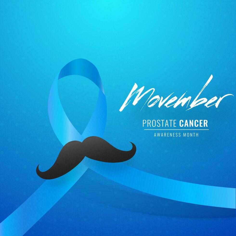 Prostate Cancer ribbon with mustache on blue background for Movember Awareness month concept. Can be used as banner or poster design. vector