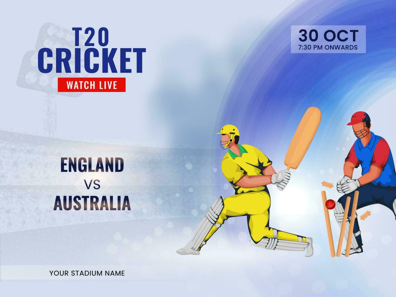 T20 Cricket Watch Live Show Of Participating Team England VS Australia With Faceless Players. vector