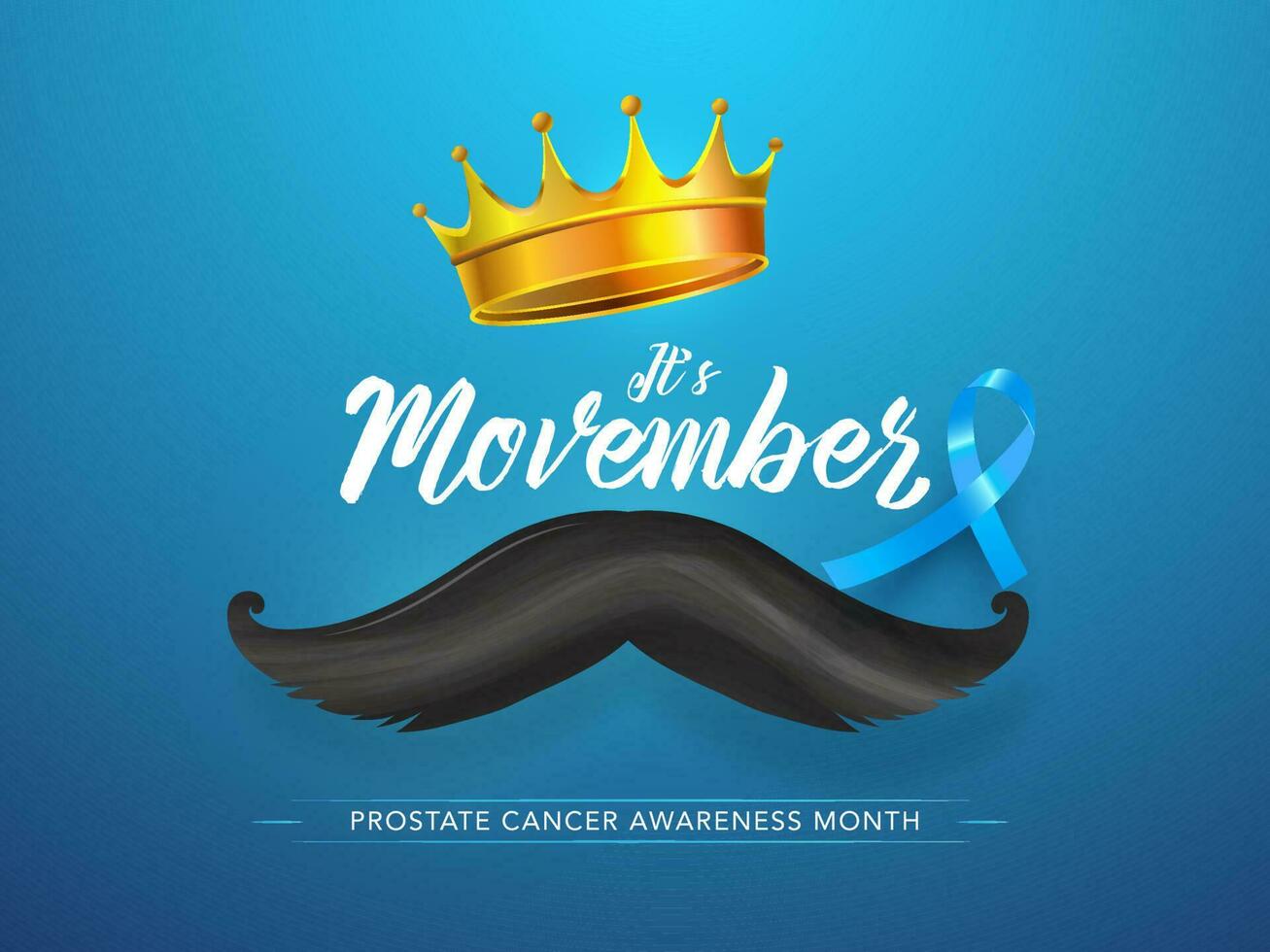 Calligraphy of It's Movember with golden crown, mustache and blue ribbon for Prostate Cancer Awareness Month concept based poster design. vector