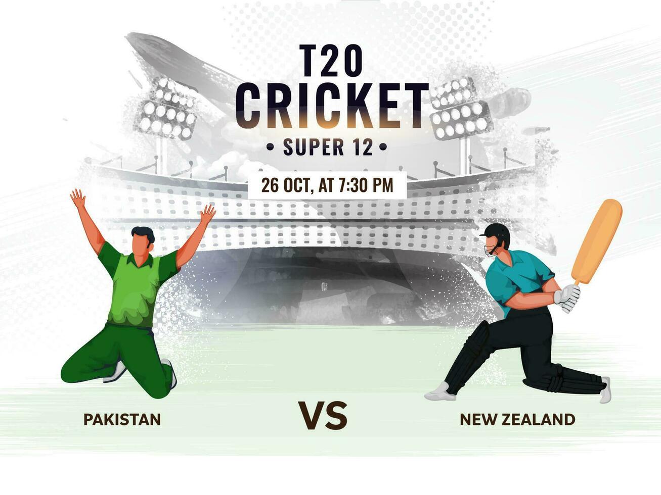 t20 Grillo concepto con participativo equipo jugadores de Pakistán vs nuevo Zelanda en gris estadio textura antecedentes. vector