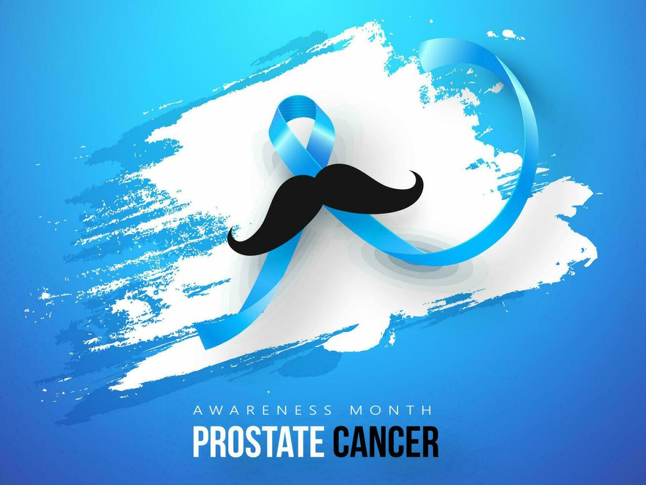 Prostate Cancer ribbon with mustache and white brush stroke effect on blue background for Awareness Month concept. vector