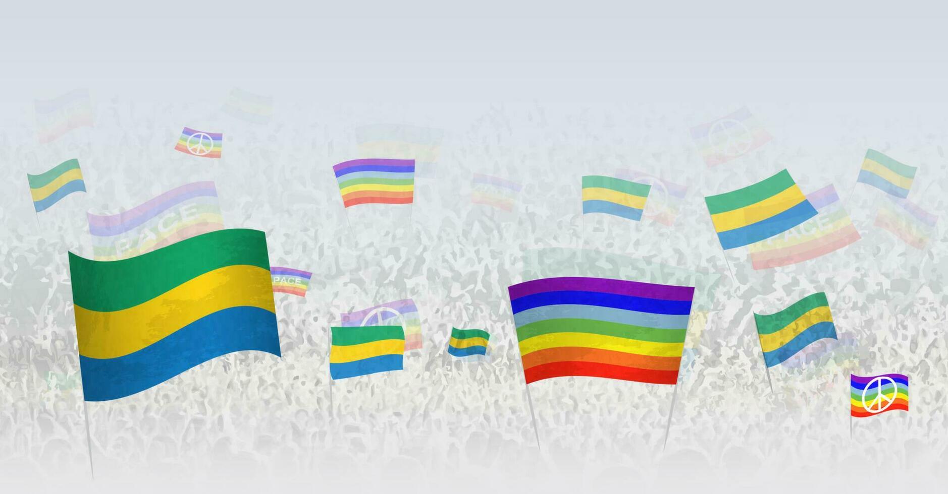 personas ondulación paz banderas y banderas de Gabón. ilustración de multitud celebrando o protestando con bandera de Gabón y el paz bandera. vector