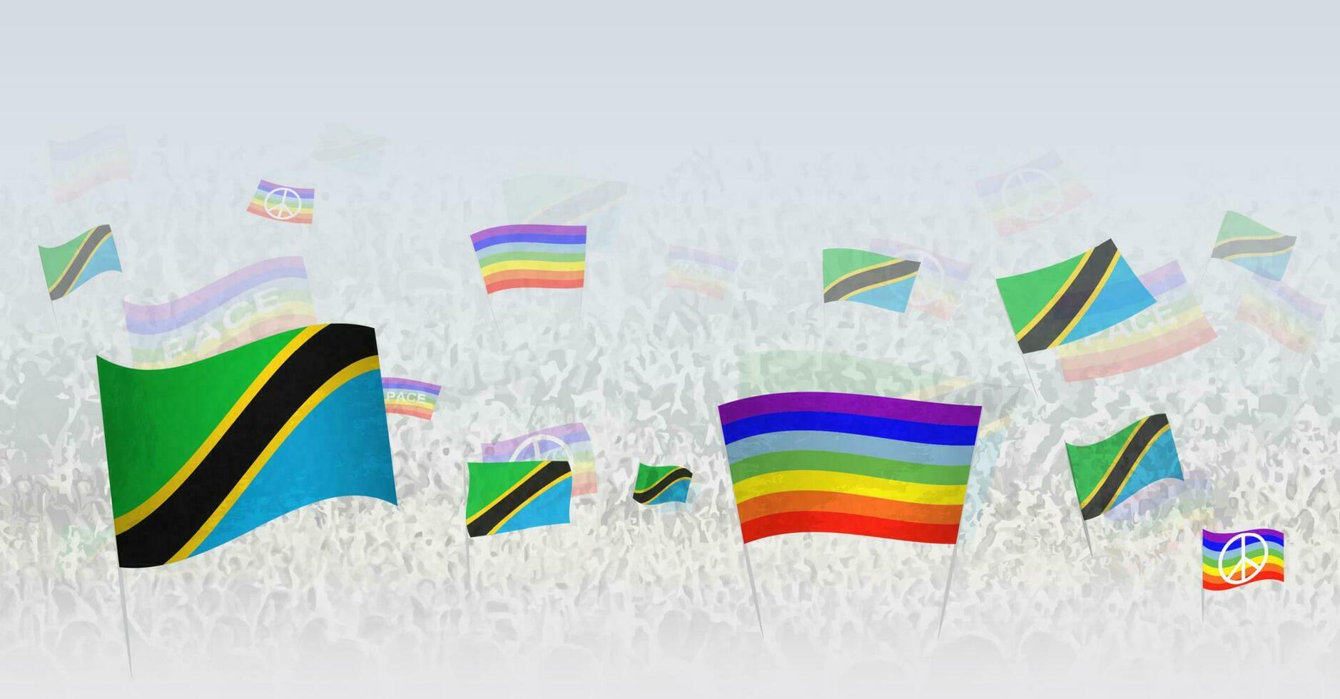 personas ondulación paz banderas y banderas de Tanzania. ilustración de multitud celebrando o protestando con bandera de Tanzania y el paz bandera. vector
