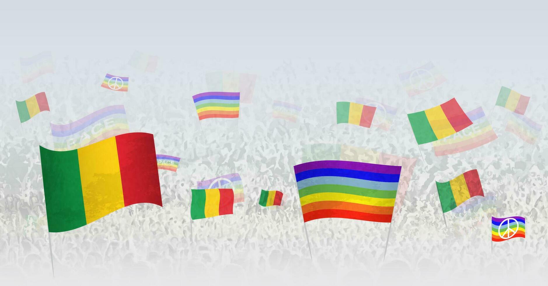 People waving Peace flags and flags of Mali. Illustration of throng celebrating or protesting with flag of Mali and the peace flag. vector