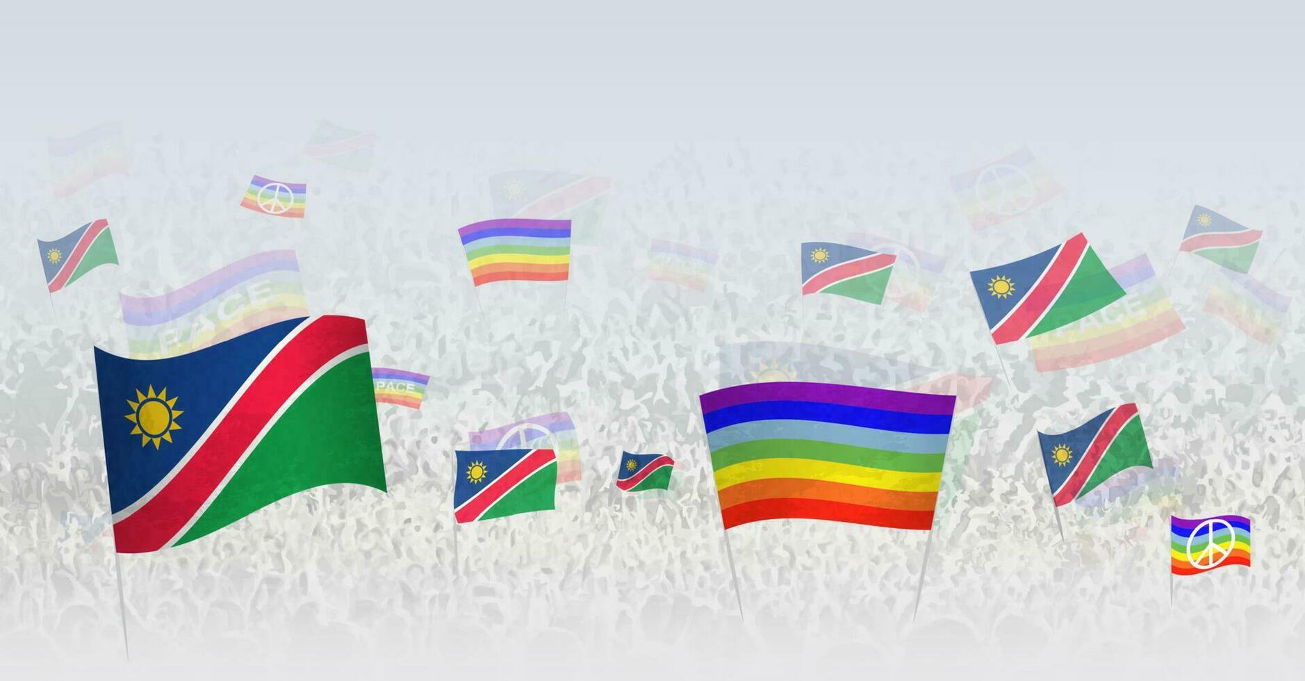 personas ondulación paz banderas y banderas de Namibia. ilustración de multitud celebrando o protestando con bandera de Namibia y el paz bandera. vector