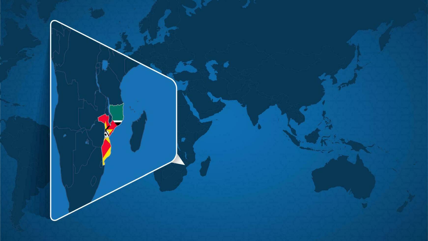 ubicación de Mozambique en el mundo mapa con engrandecido mapa de Mozambique con bandera. vector