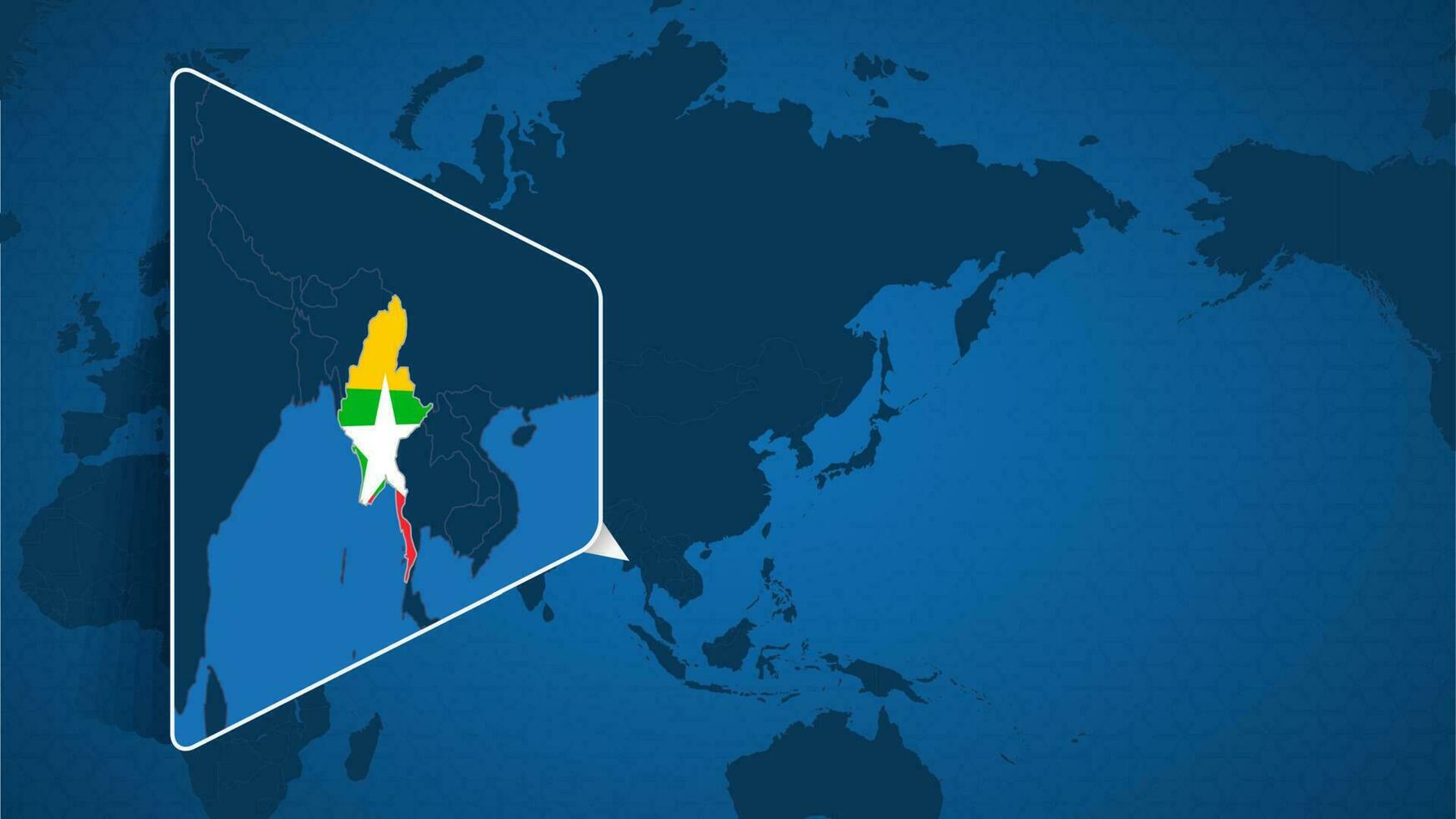 ubicación de myanmar en el mundo mapa con engrandecido mapa de myanmar con bandera. vector
