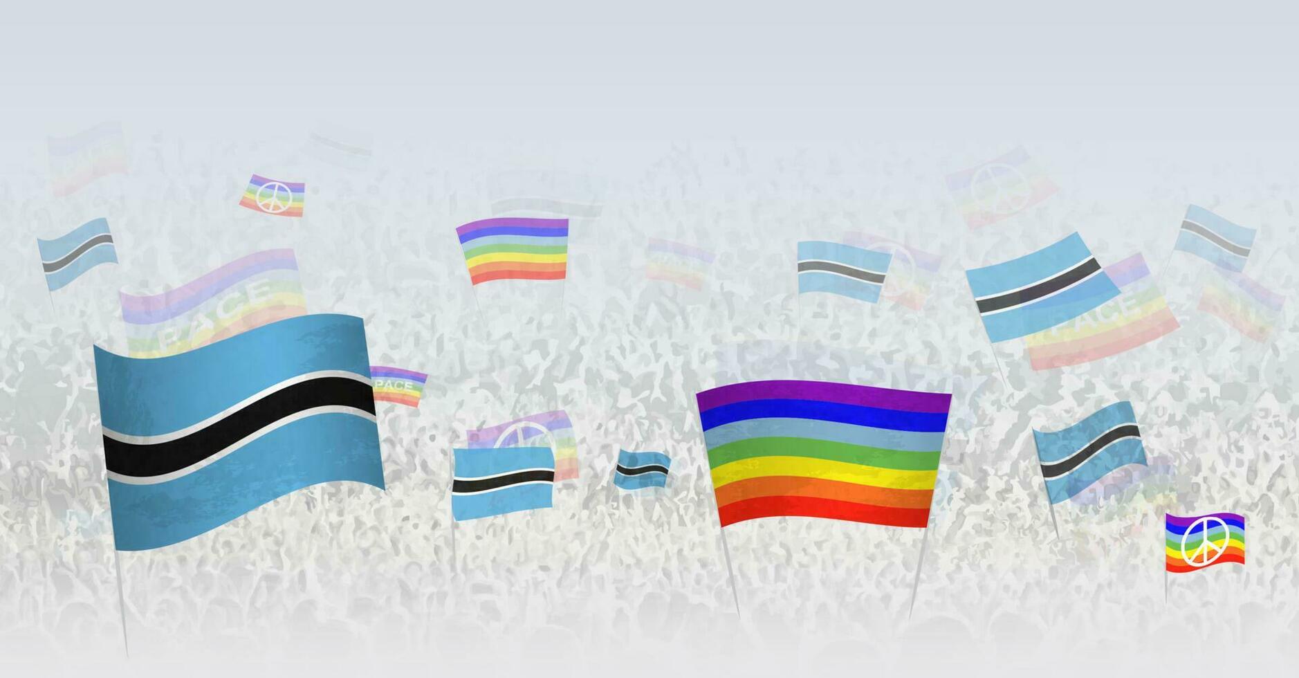 personas ondulación paz banderas y banderas de botsuana ilustración de multitud celebrando o protestando con bandera de Botswana y el paz bandera. vector