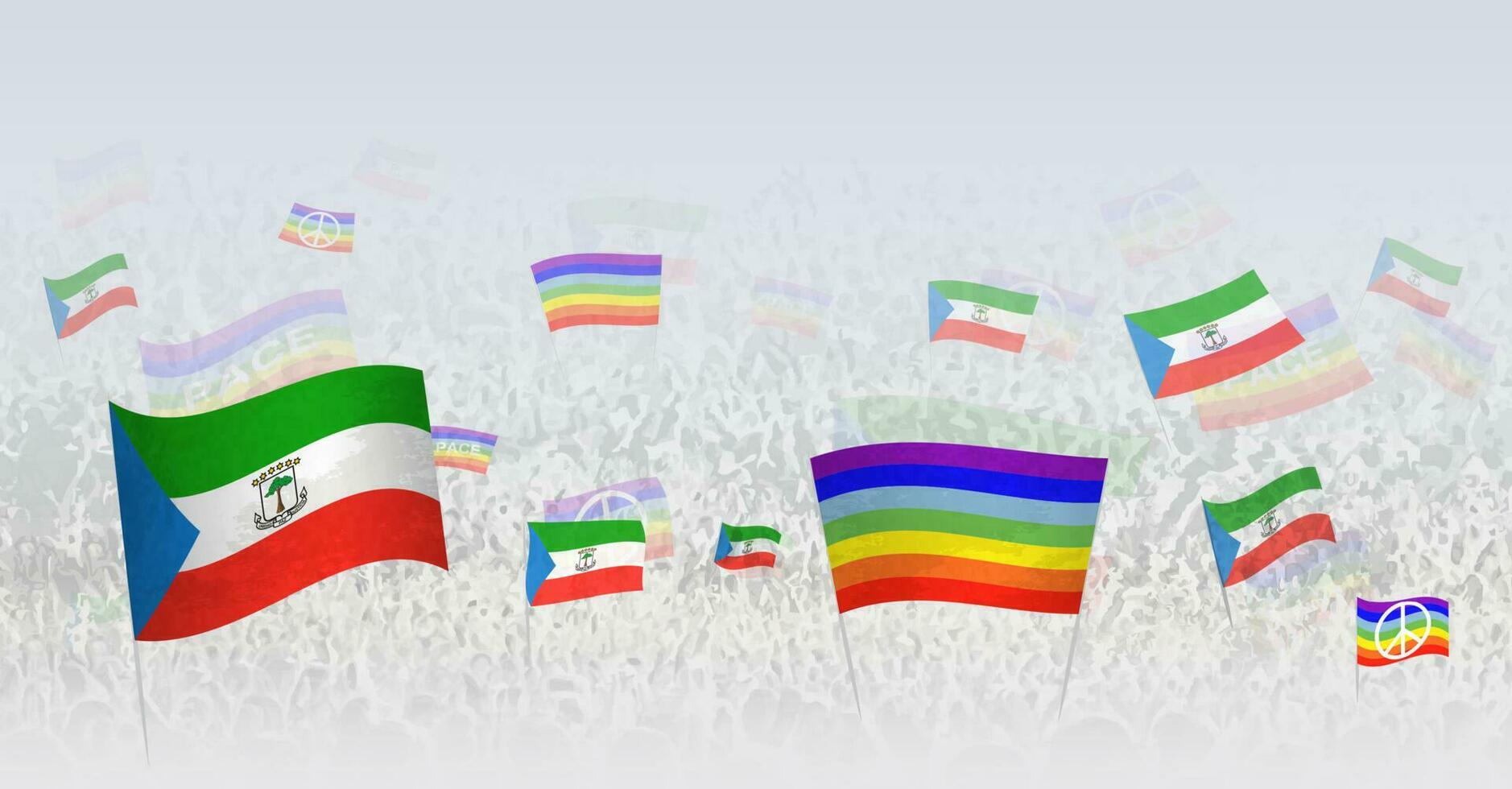 People waving Peace flags and flags of Equatorial Guinea. Illustration of throng celebrating or protesting with flag of Equatorial Guinea and the peace flag. vector