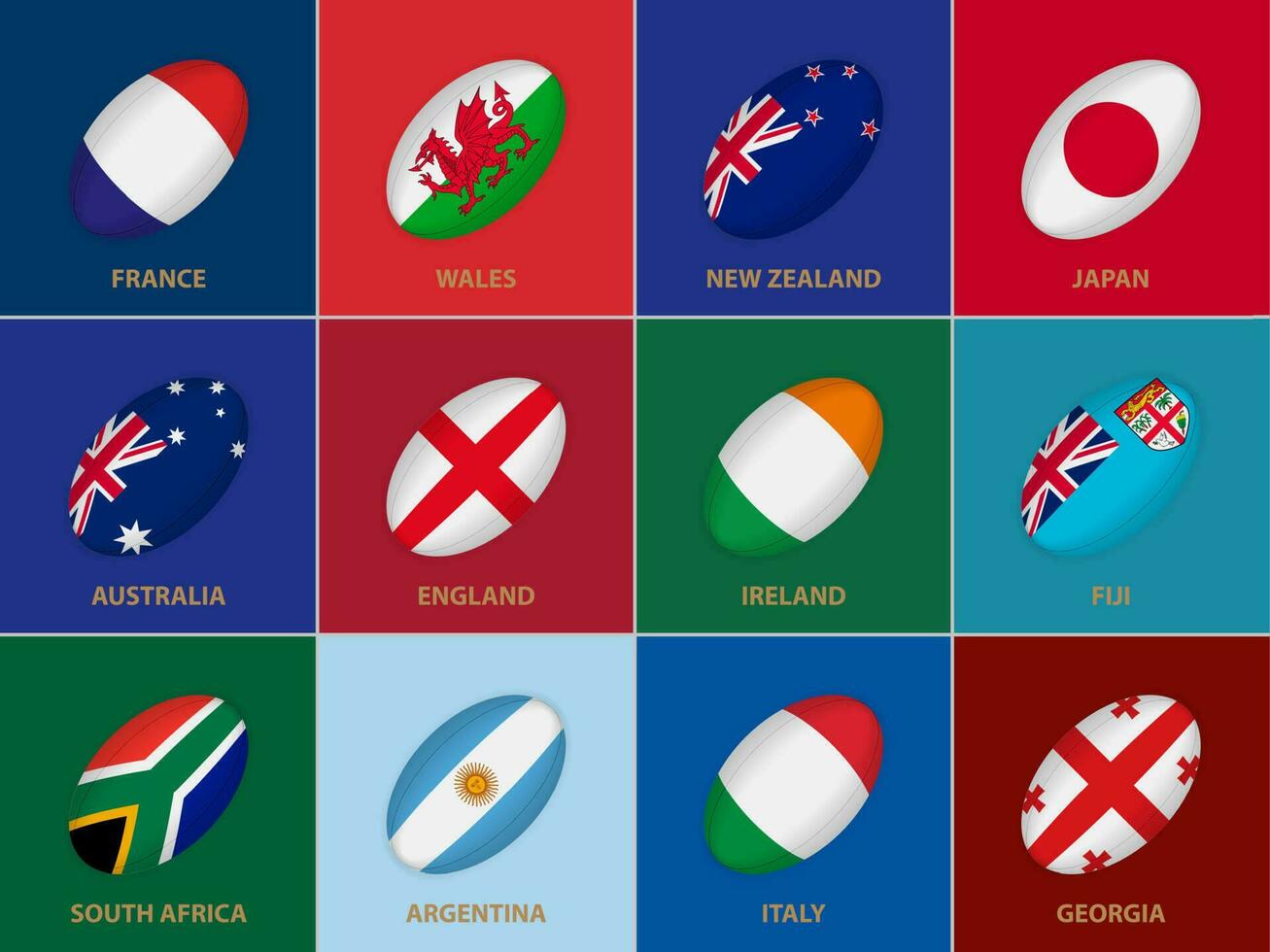 12 banderas en el estilo de un rugby pelota. bandera de rugby u20 competencia Participantes. vector