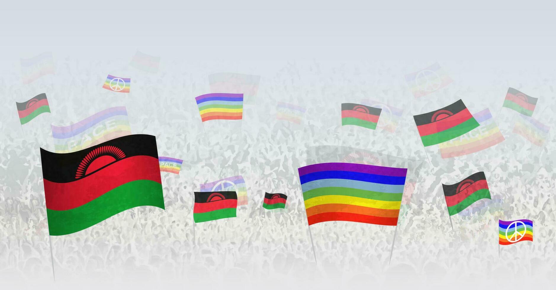 People waving Peace flags and flags of Malawi. Illustration of throng celebrating or protesting with flag of Malawi and the peace flag. vector