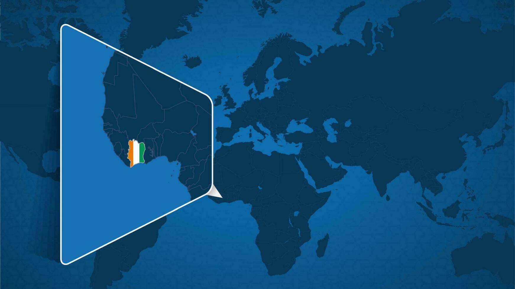 Location of Ivory Coast on the World Map with Enlarged Map of Ivory Coast with Flag. vector