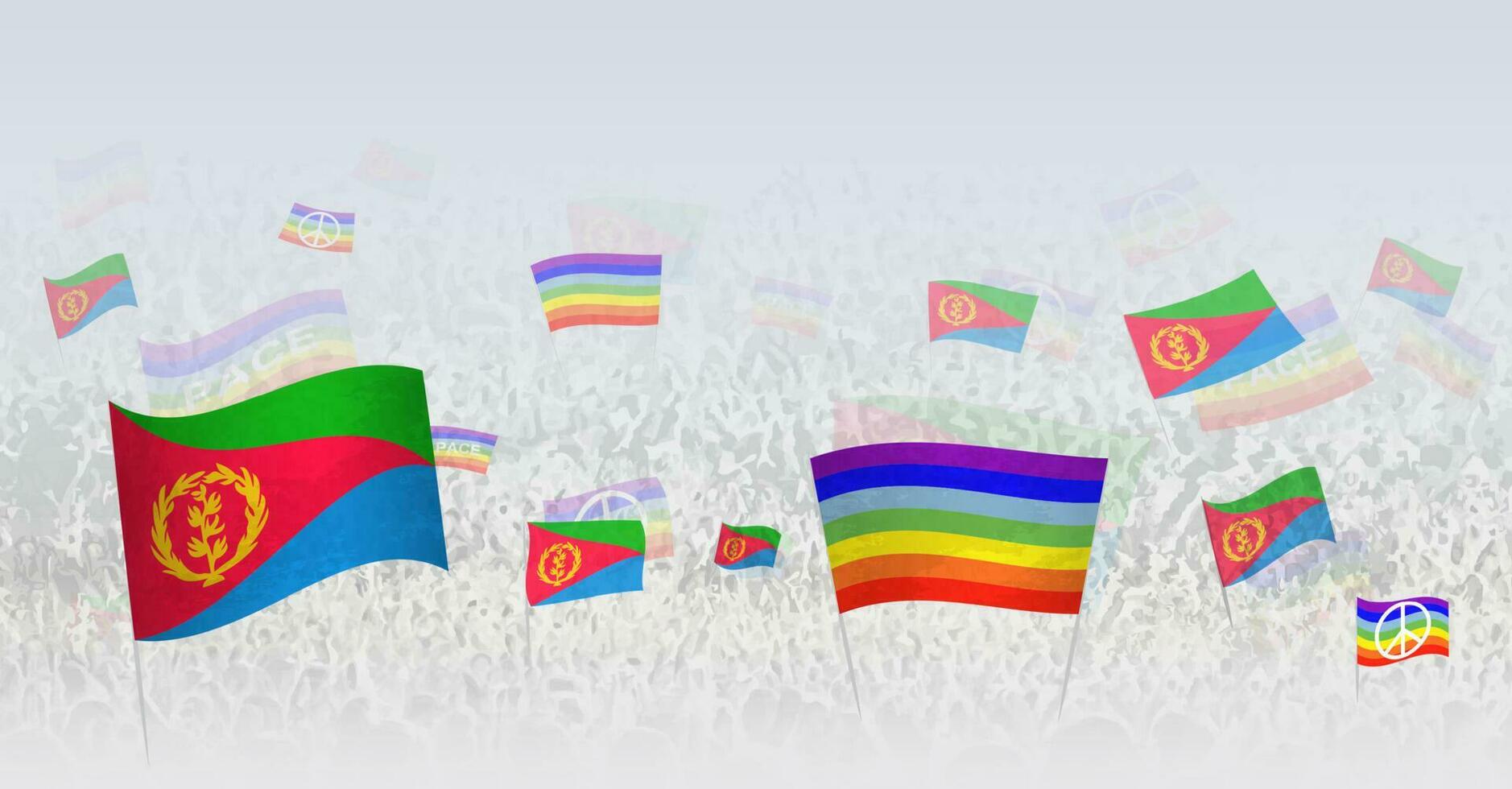 personas ondulación paz banderas y banderas de eritrea ilustración de multitud celebrando o protestando con bandera de eritrea y el paz bandera. vector