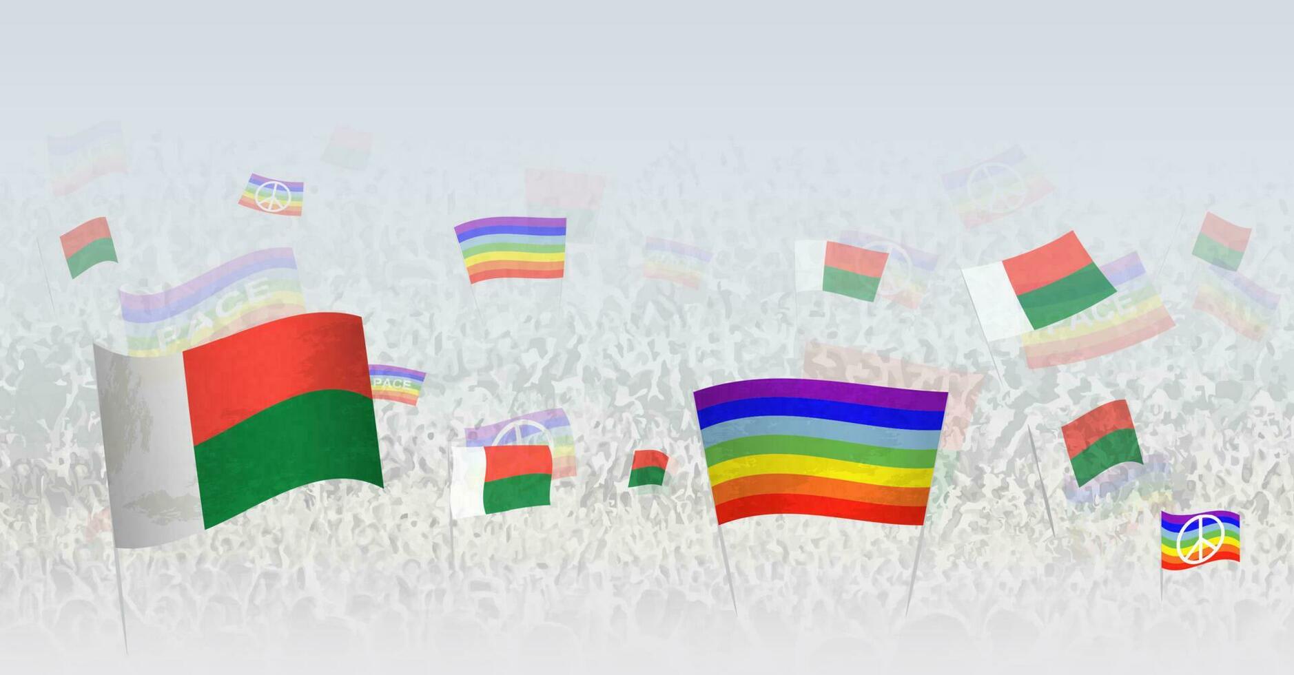 People waving Peace flags and flags of Madagascar. Illustration of throng celebrating or protesting with flag of Madagascar and the peace flag. vector