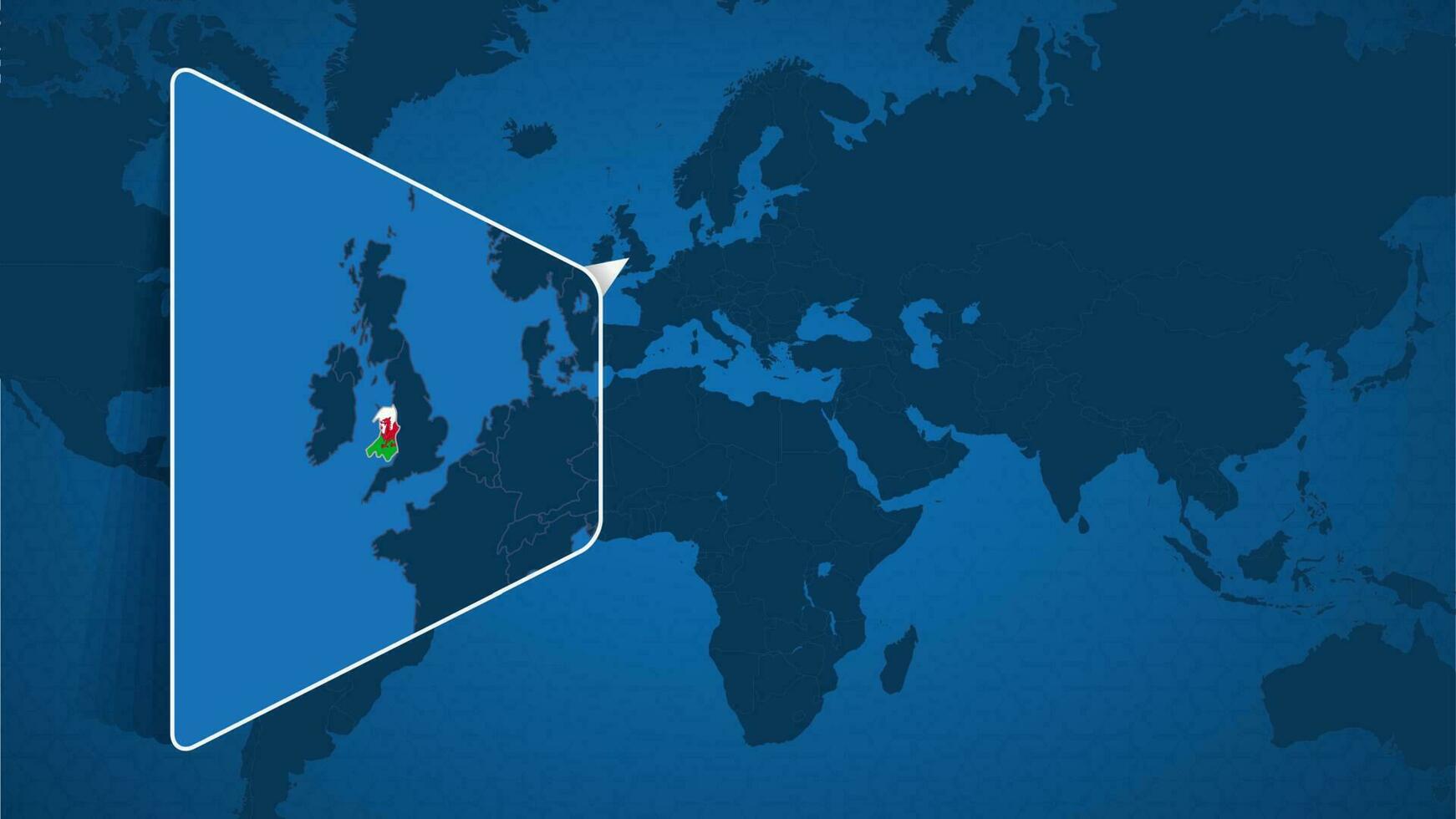 ubicación de Gales en el mundo mapa con engrandecido mapa de Gales con bandera. vector