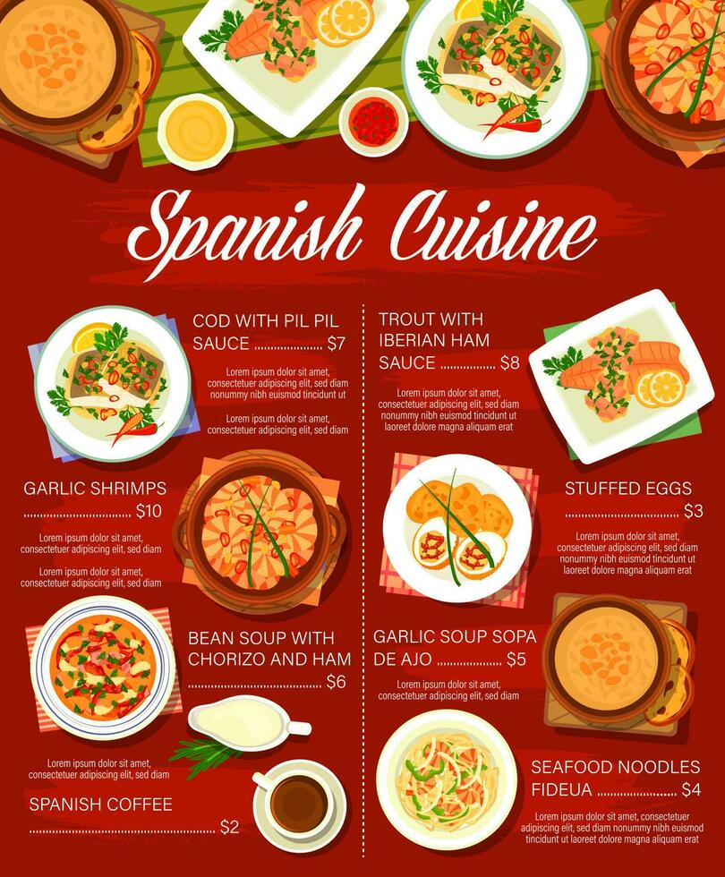 Español comida menú, España cocina platos, tapas vector