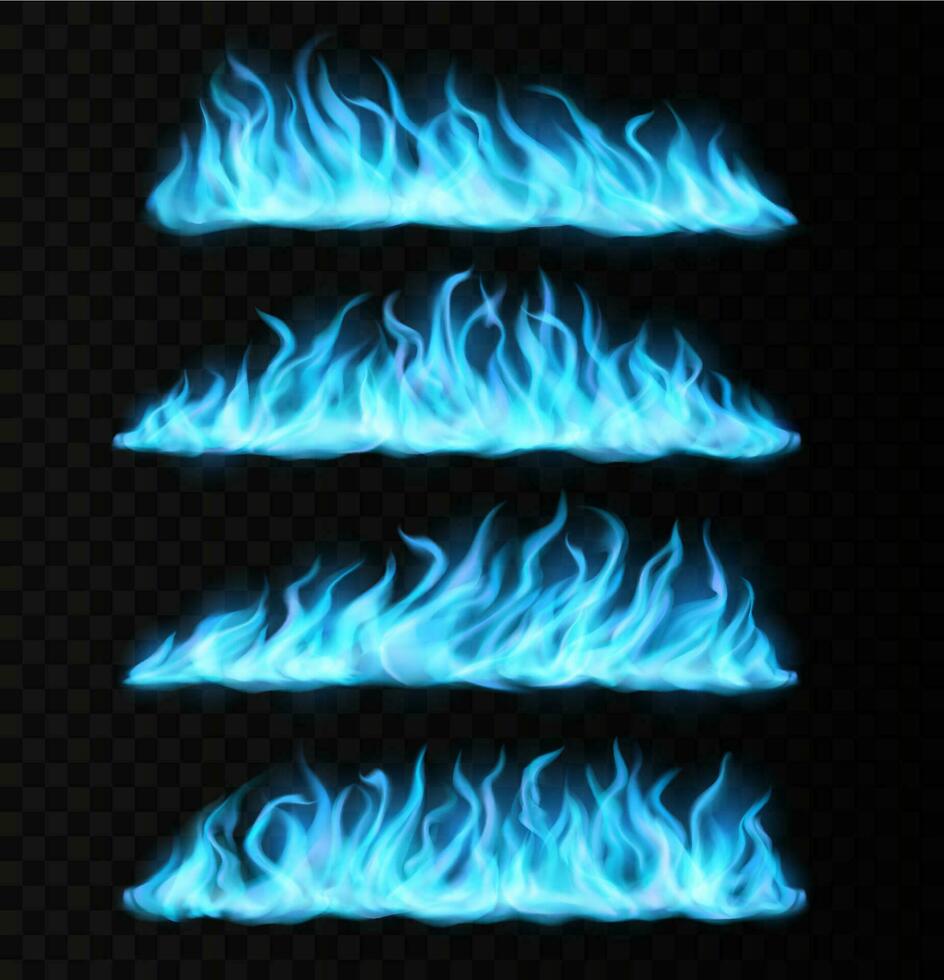 Blue realistic fire trails, magic flames borders vector