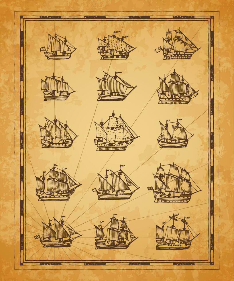 Vintage map sail ships, sailboat, brigantine vector