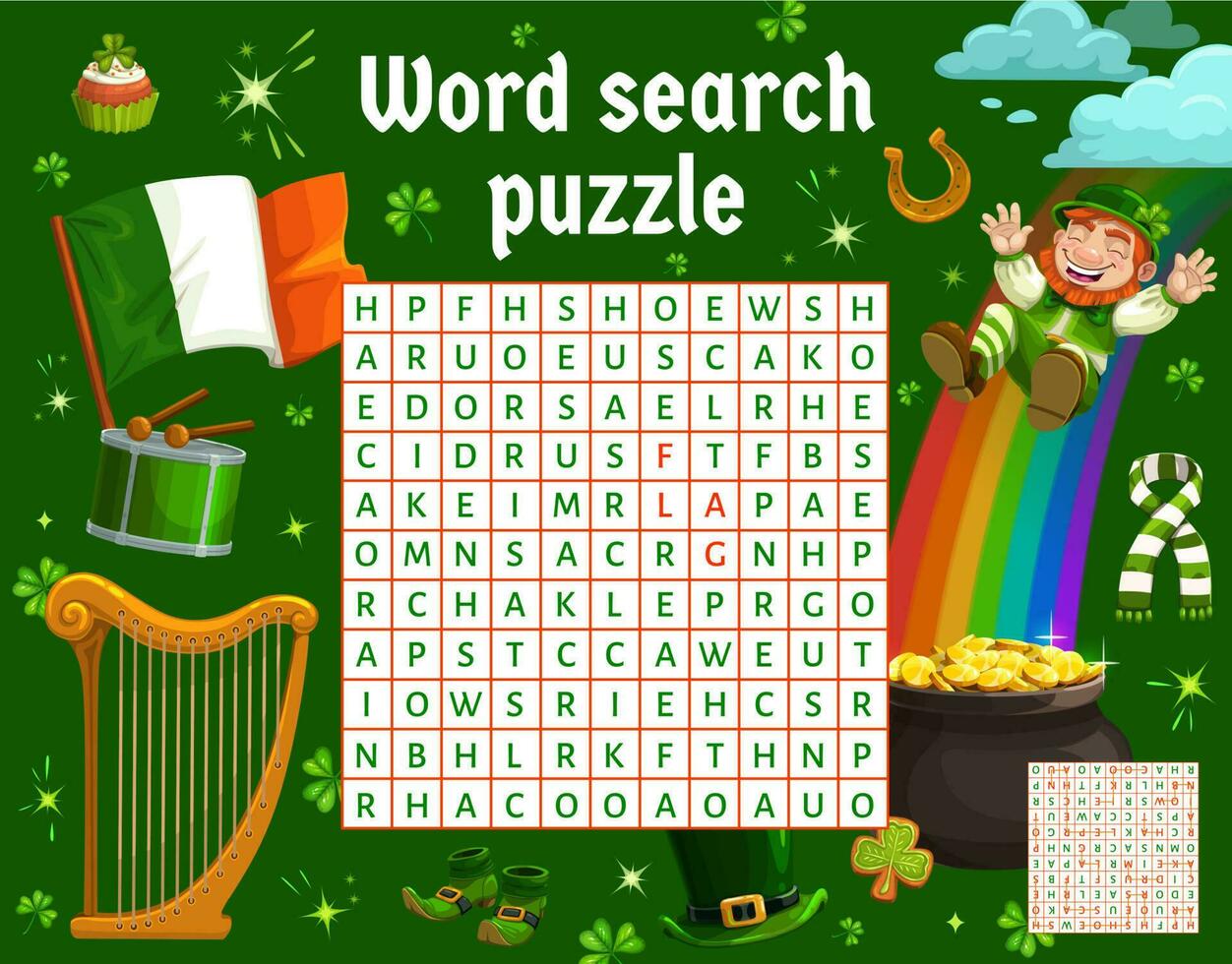 Word search puzzle game of leprechaun with gold vector