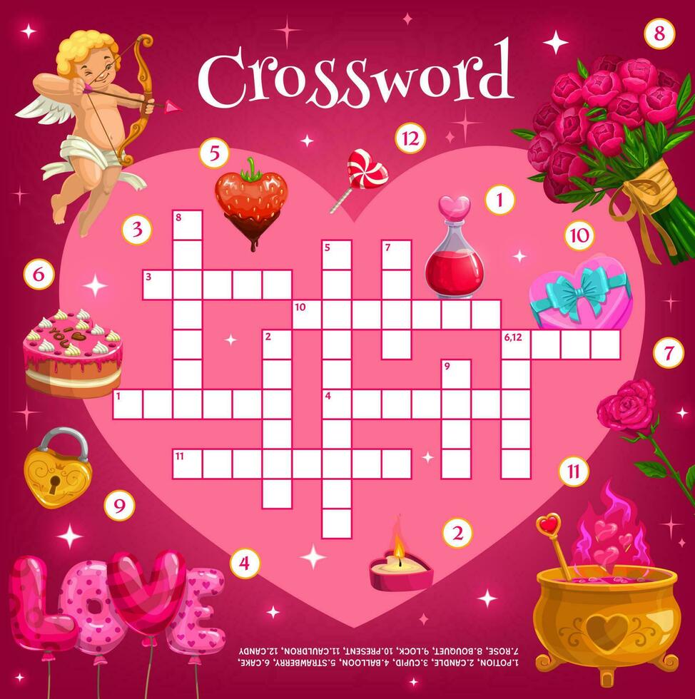 Love heart vector crossword with cake and hearts
