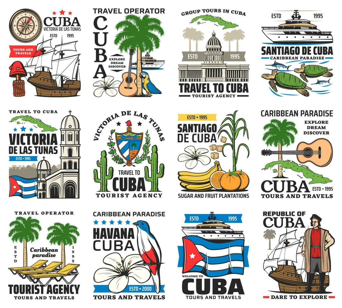 Cuba travel icons, Havana Caribbean tourism tours vector