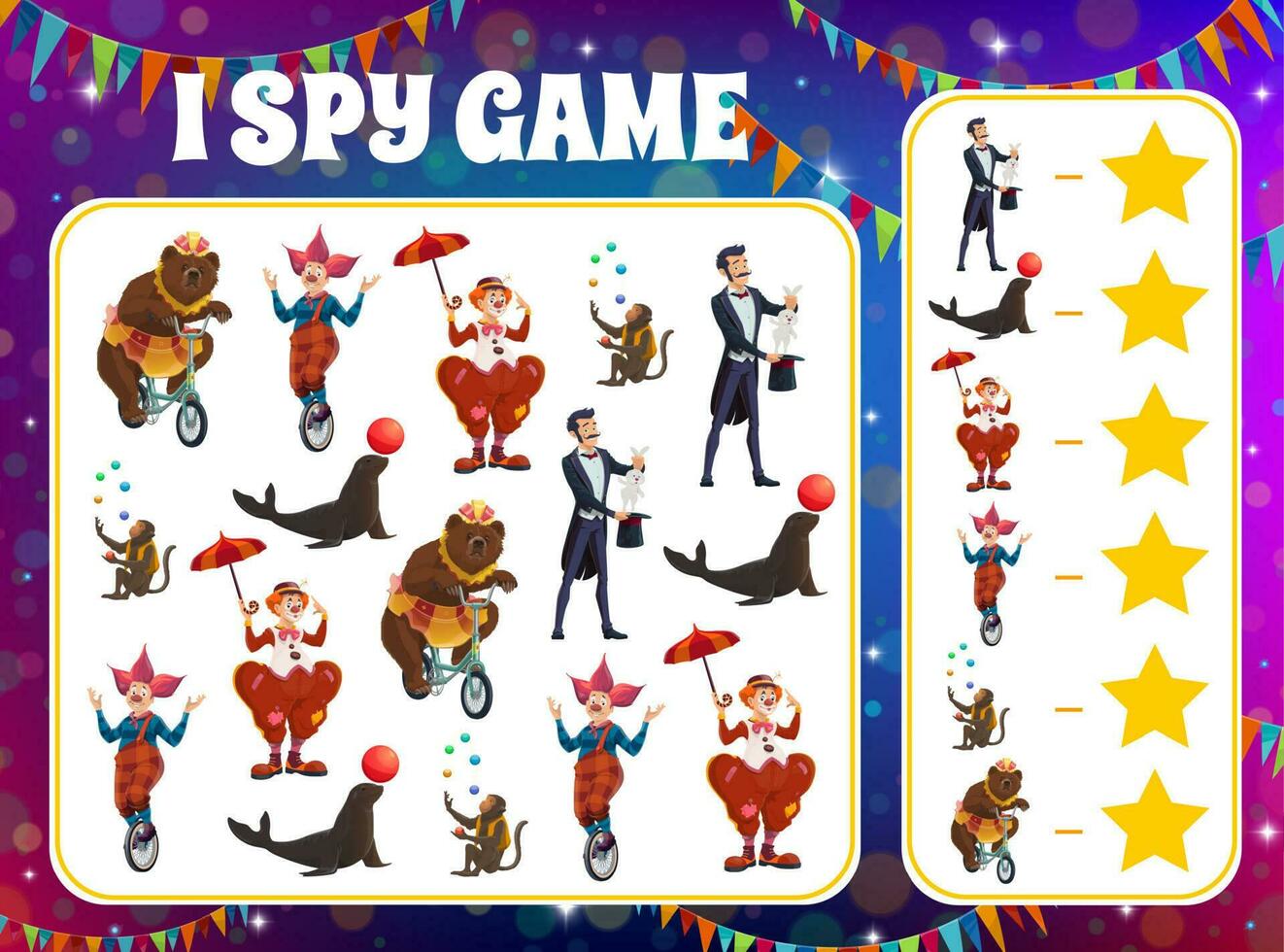 Kids I spy game shapito circus performers task vector
