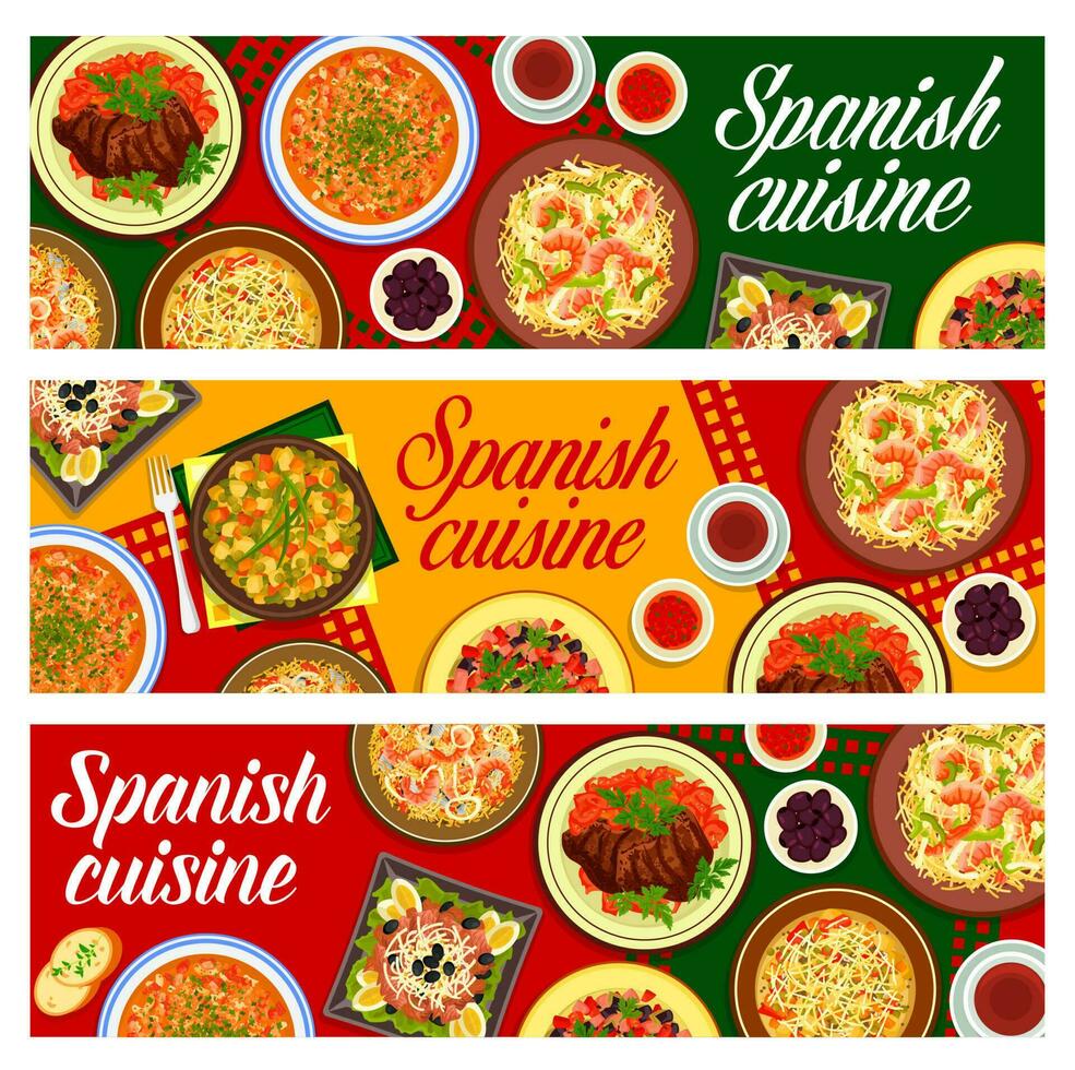 Español cocina pancartas, mariscos, carne, verduras vector