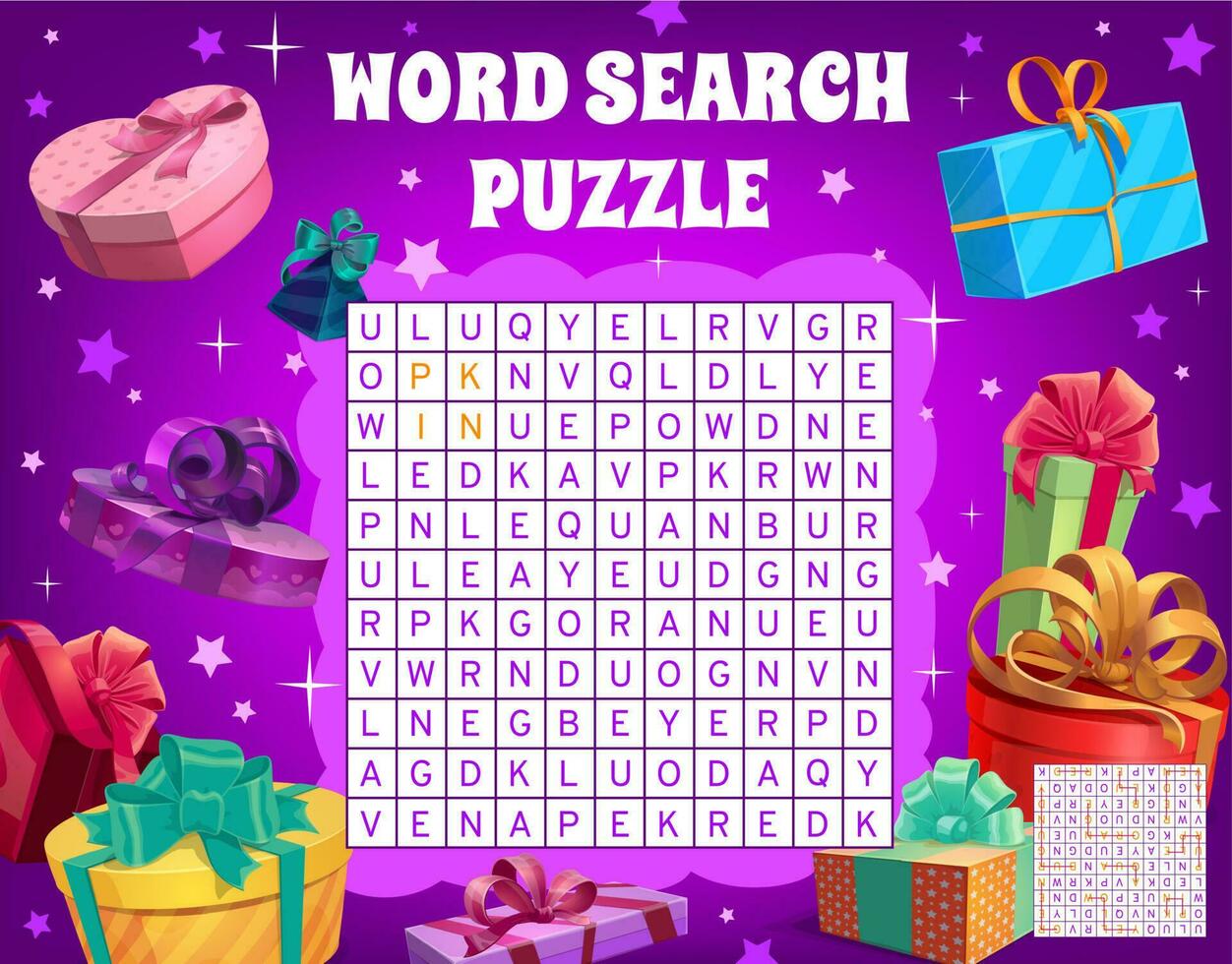 Christmas holiday gifts, word search puzzle game vector
