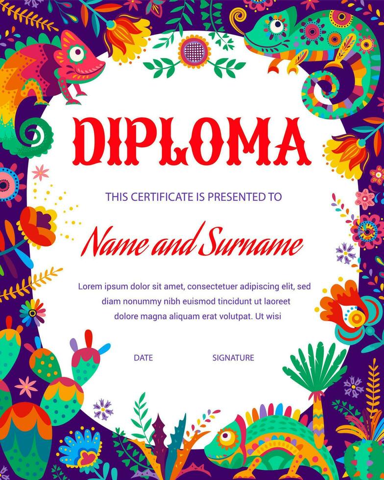 Kids diploma, mexican chameleons and cactus vector