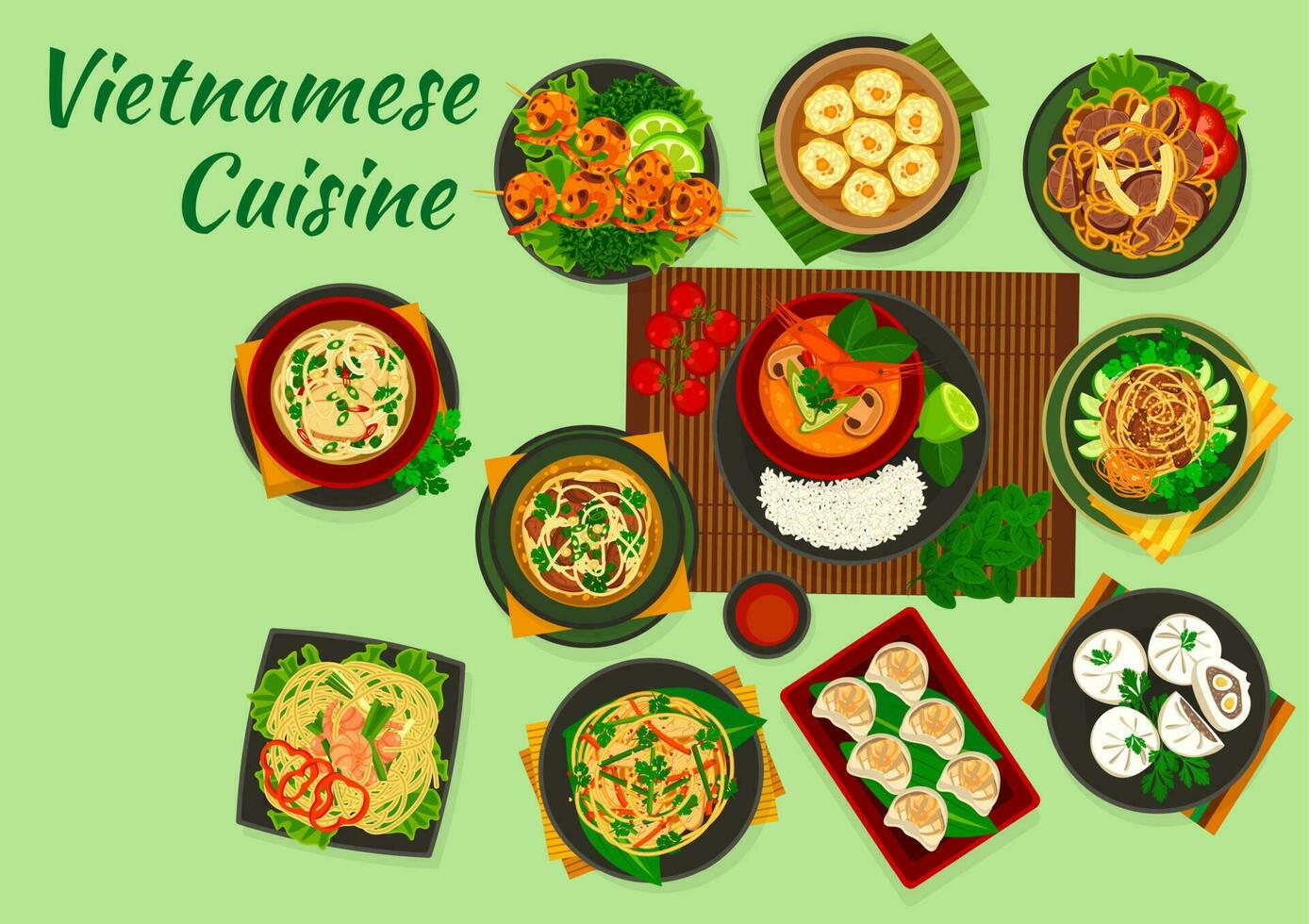 Vietnamese cuisine food of vector Asian dishes