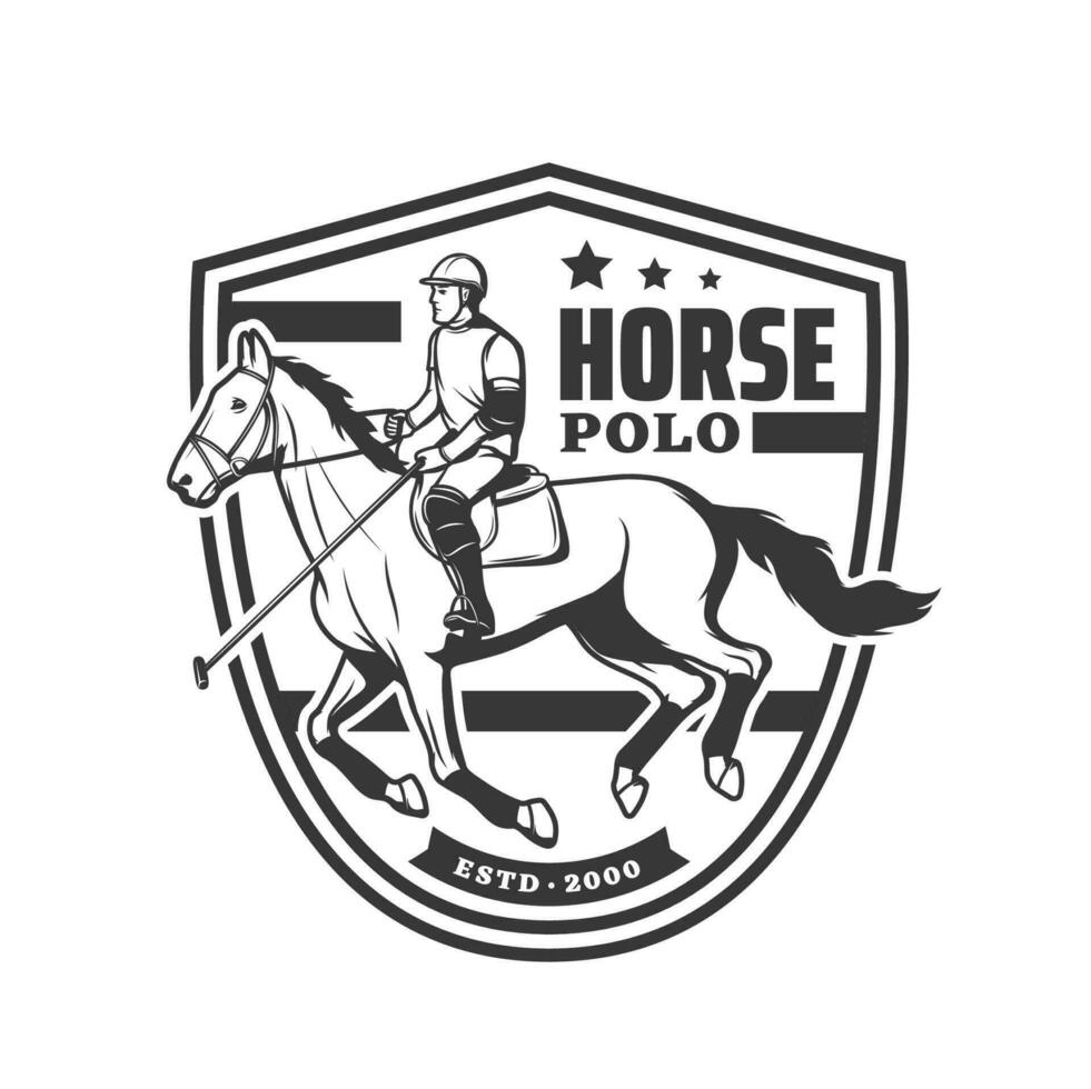 Horse polo sport icon, equestrian jockey, mallet vector