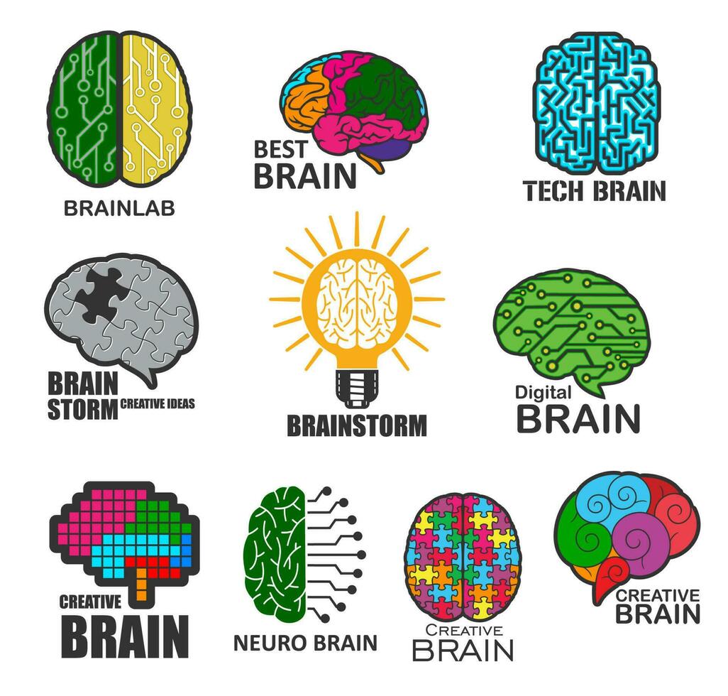 Neuro tech brain, brainstorm and brain lab icons vector
