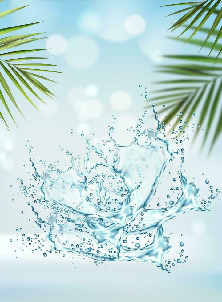 Water splash and palm leaves realistic background vector