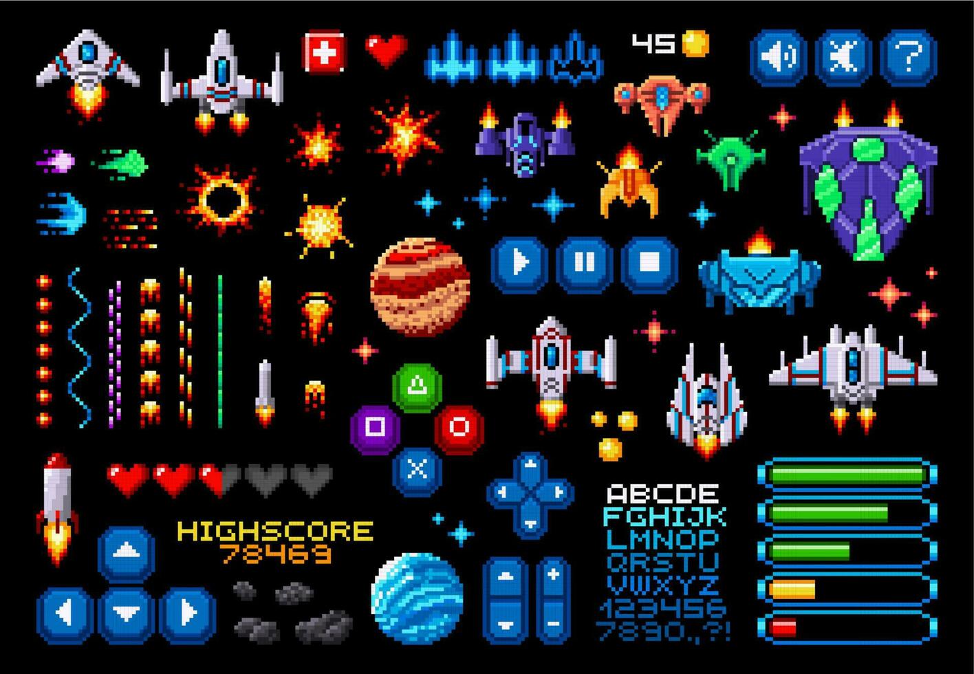 8bit pixel art game asset, space planets, rockets vector