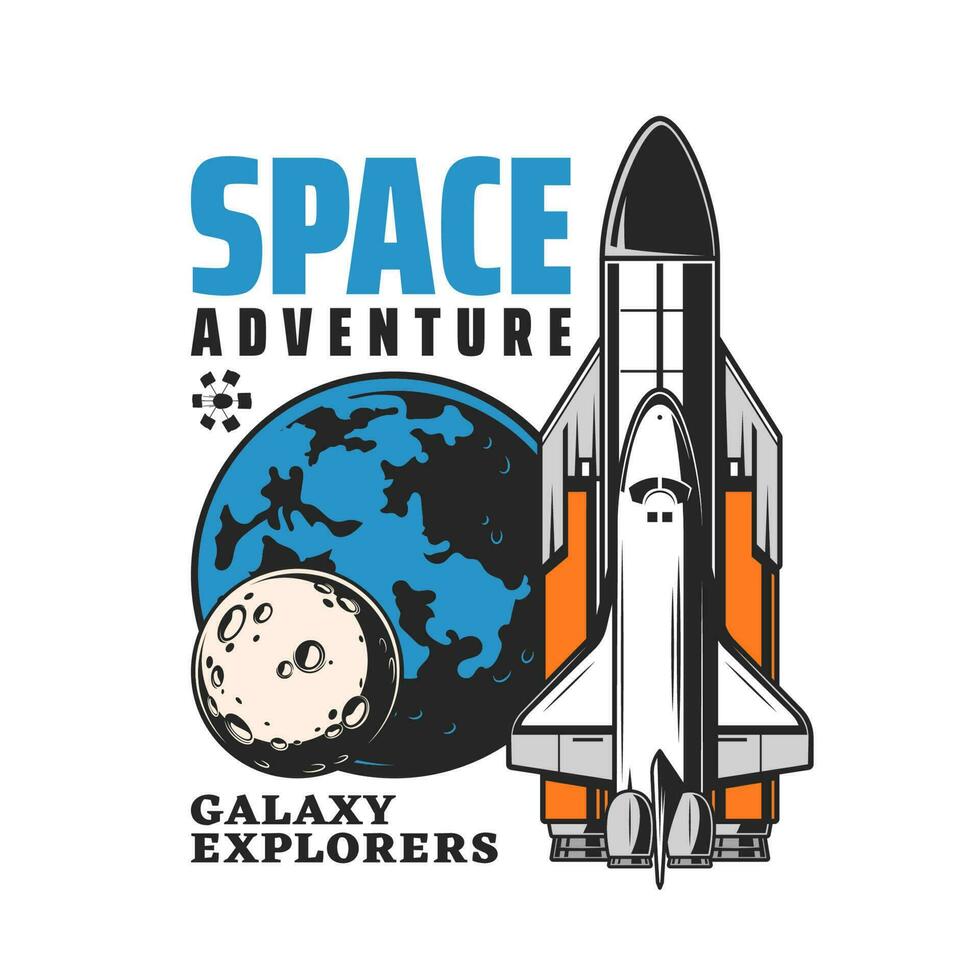 Space shuttle, spaceship and planets vector icon