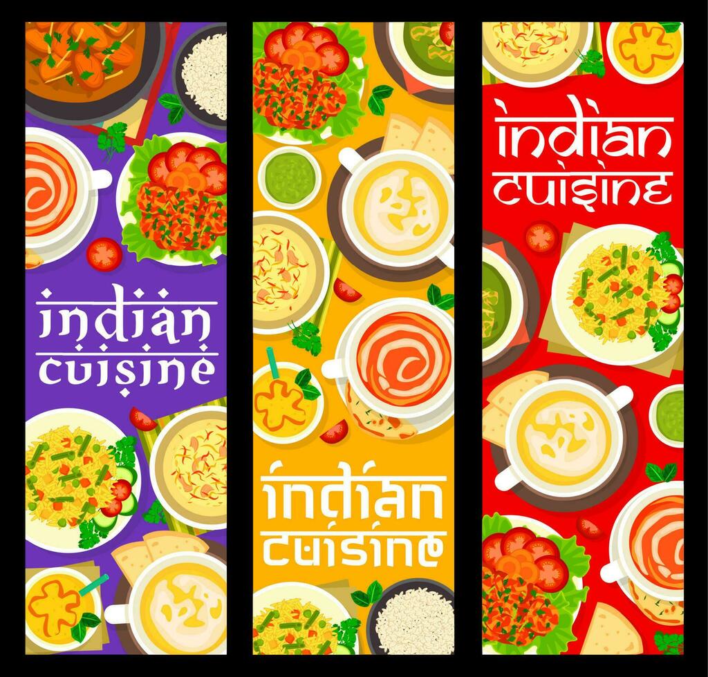 Indian food restaurant meals and dishes banners vector