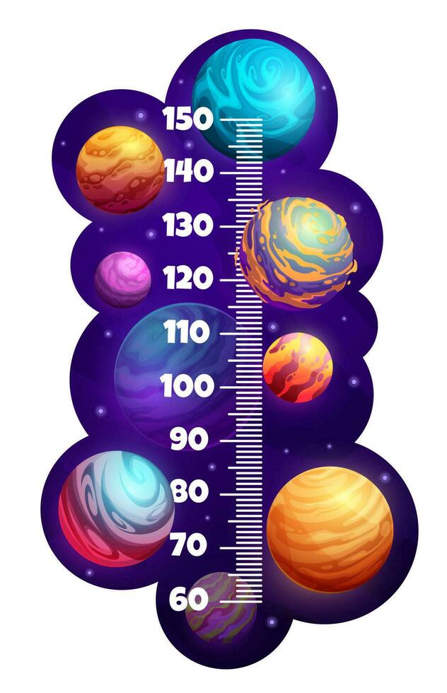 Kids height chart, cartoon galaxy space planets vector