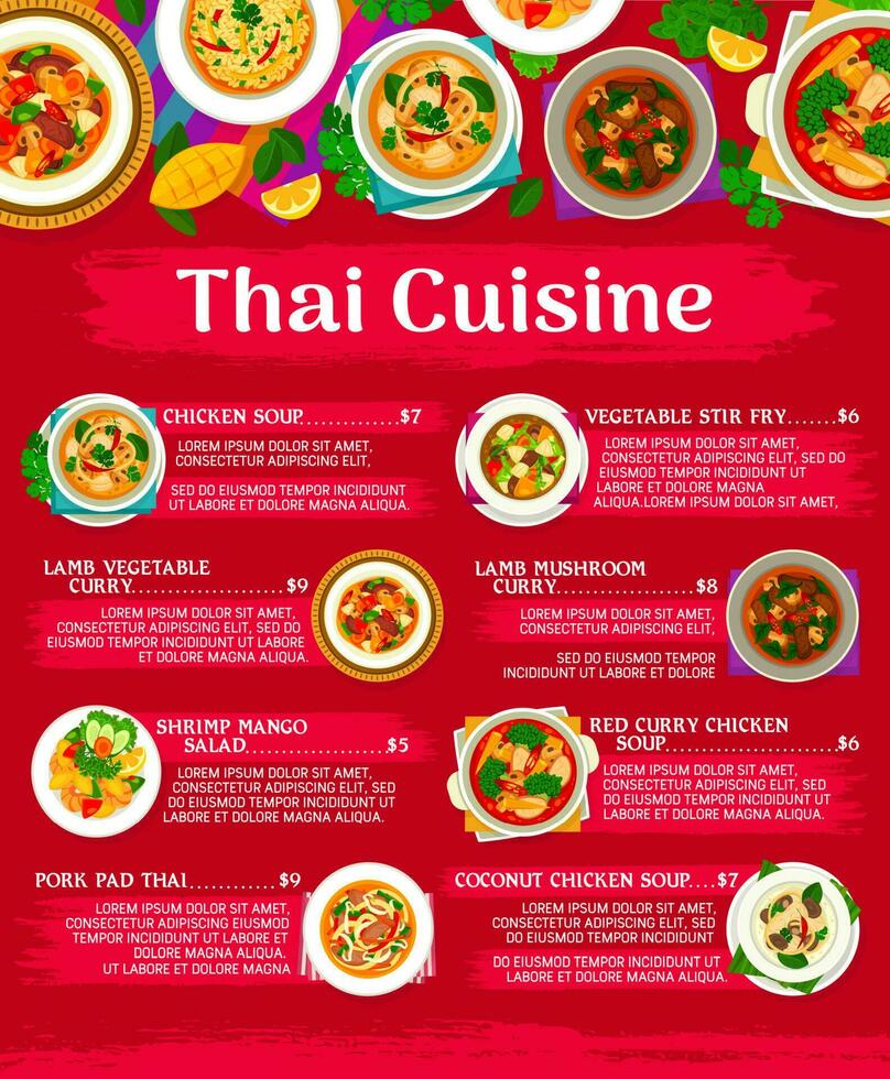 Thai cuisine restaurant meals and dishes menu vector