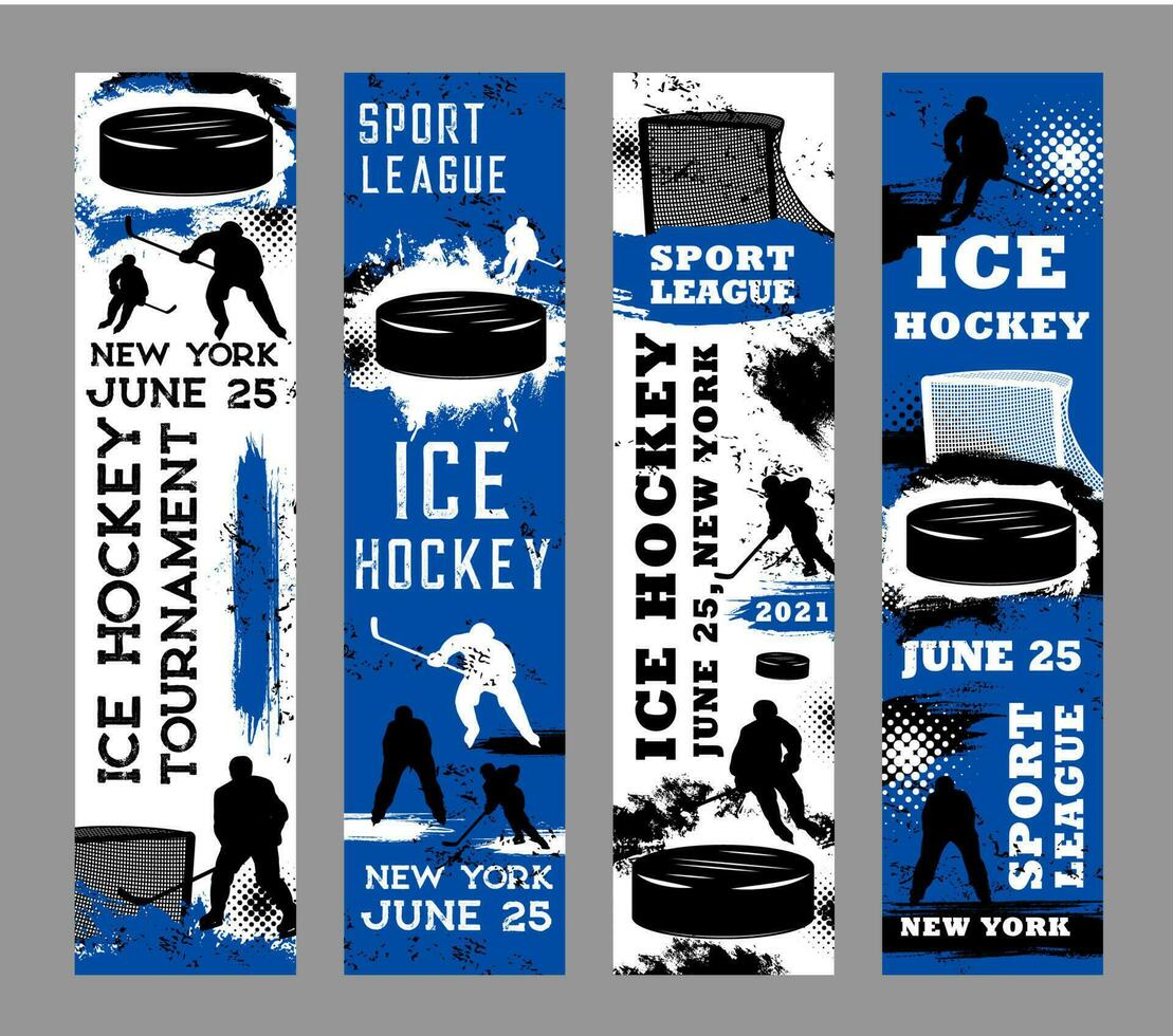 Ice hockey sport grunge banners, player silhouette vector