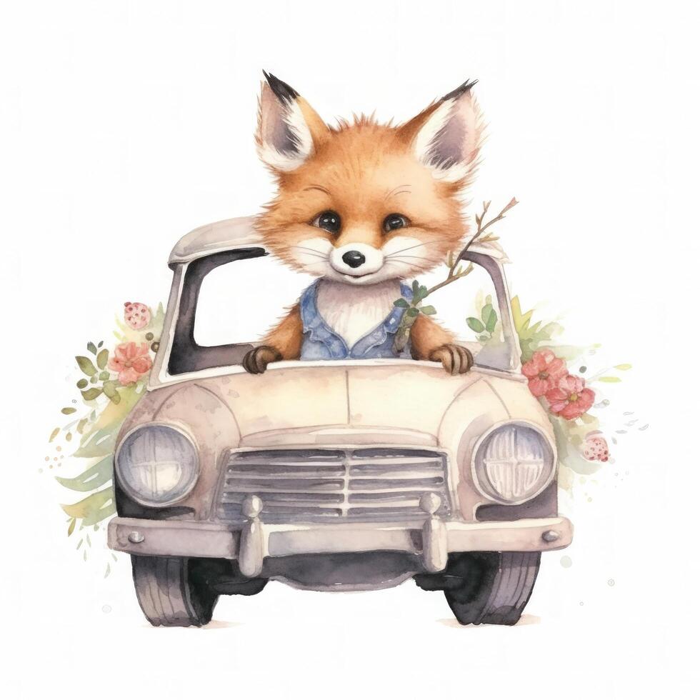 Cute watercolor baby animal in car. Illustration photo