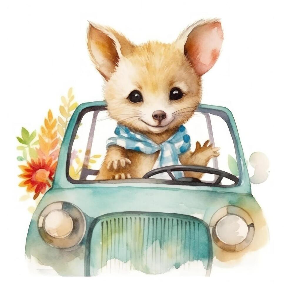 Cute watercolor baby animal in car. Illustration photo