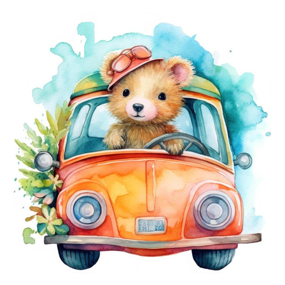 Cute watercolor baby animal in car. Illustration photo