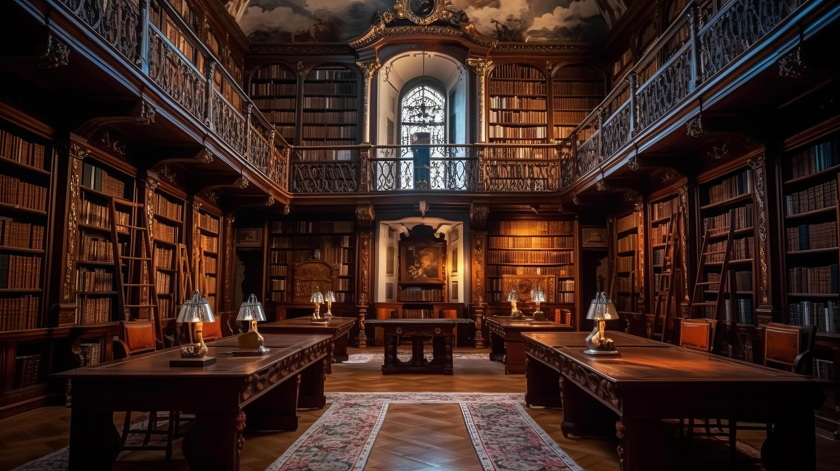 Interior De Biblioteca Con Muchos Libros Y Grandes Estantes De Pared Con  Libros, Ai Generativo Fotos, retratos, imágenes y fotografía de archivo  libres de derecho. Image 198764761