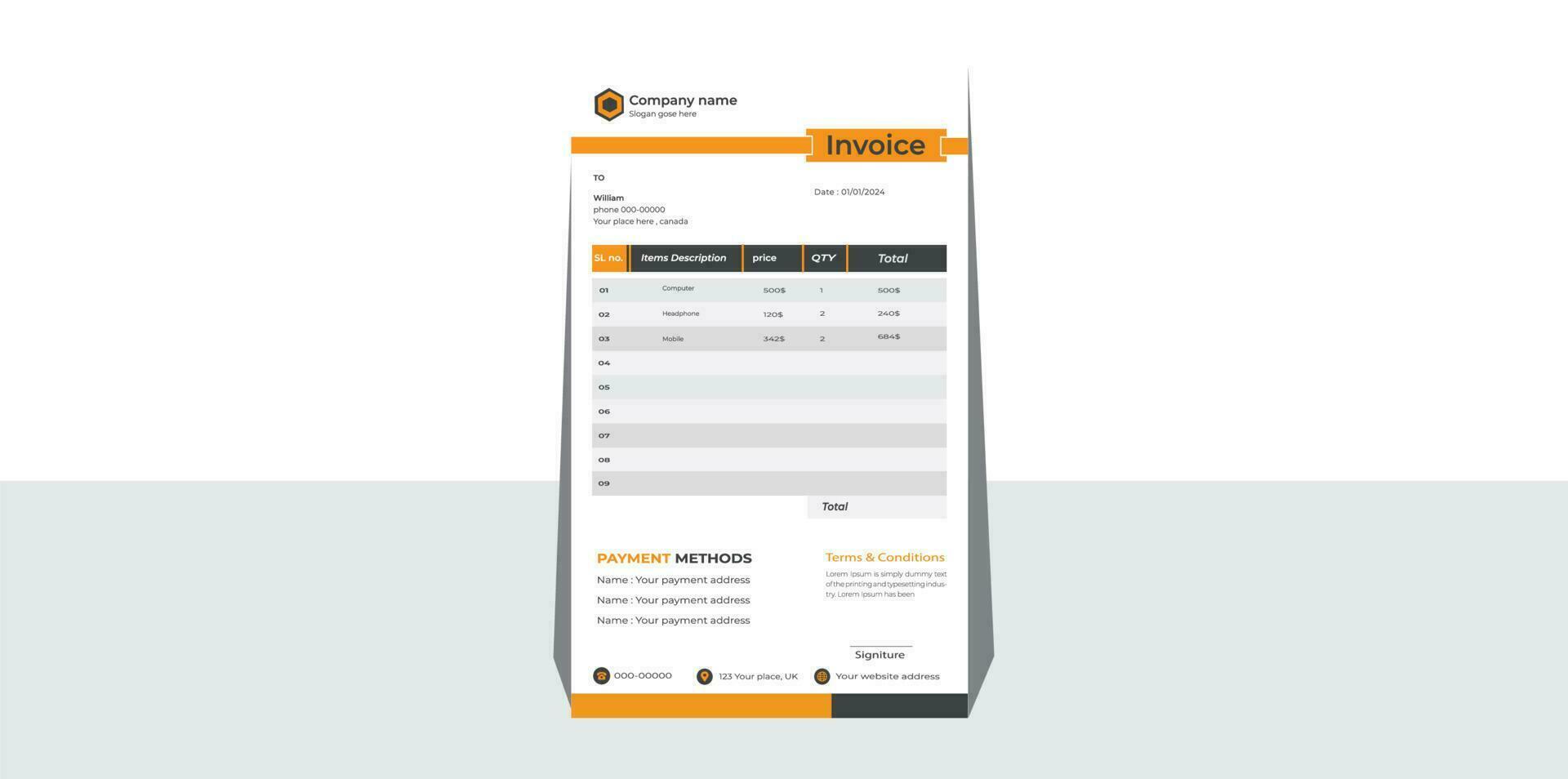 invoice design Minimal Corporate Business Invoice Design Template. Print ready invoice template for your business vector