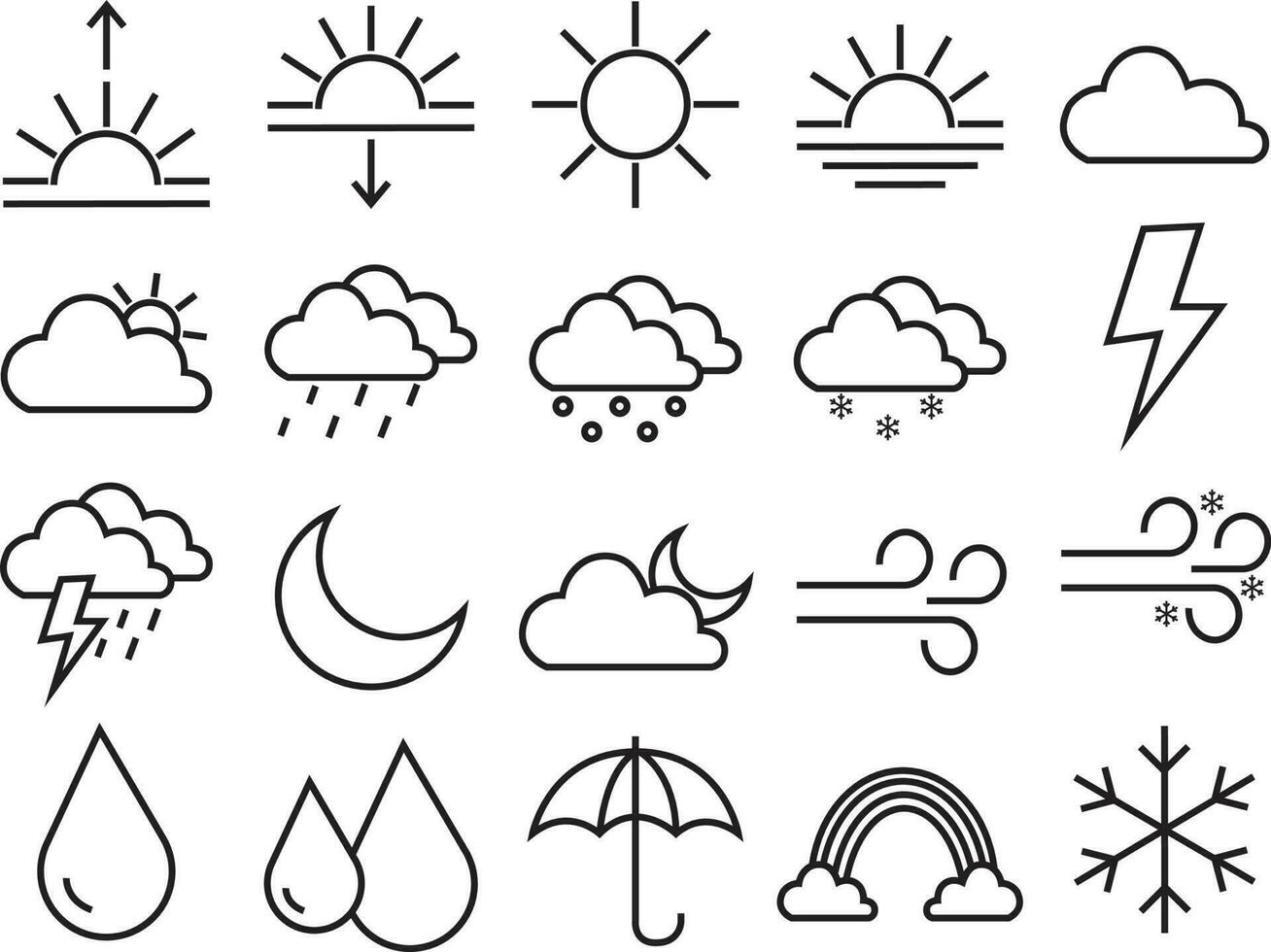 verano, fiesta línea íconos conjunto vector ilustración. sol, nube, luna, lluvia, nieve.