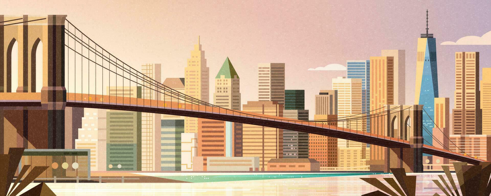 Brooklyn bridge and Manhattan skyline in flat style, New York City scene vector